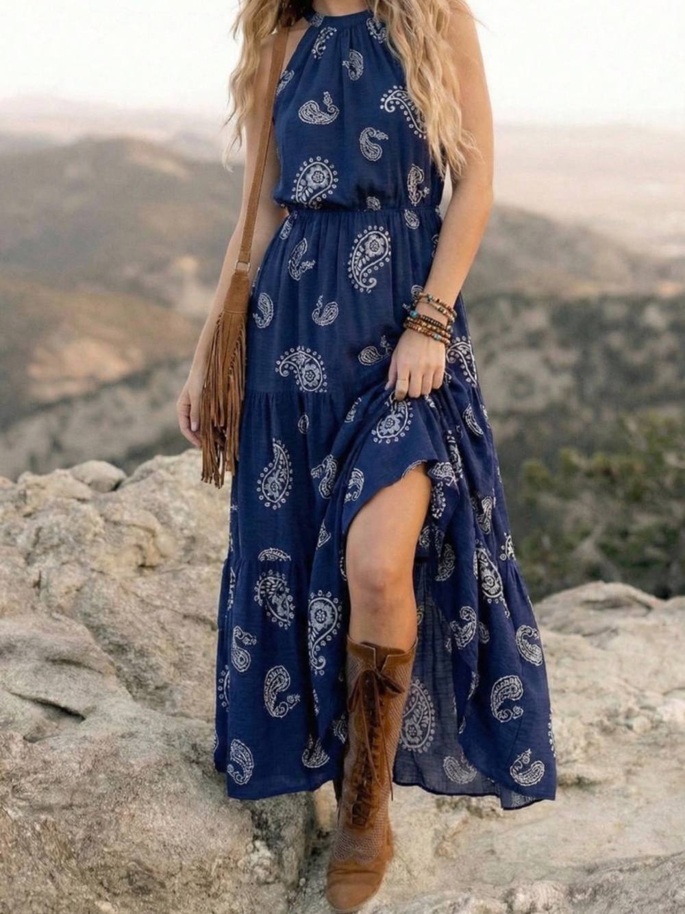 Boho Paisley Print Ruffle Hem High Waisted Sleeveless dress
